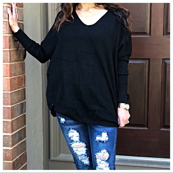 PARIS black V neck loose fit tie up detail sweater - Picture 4 of 8